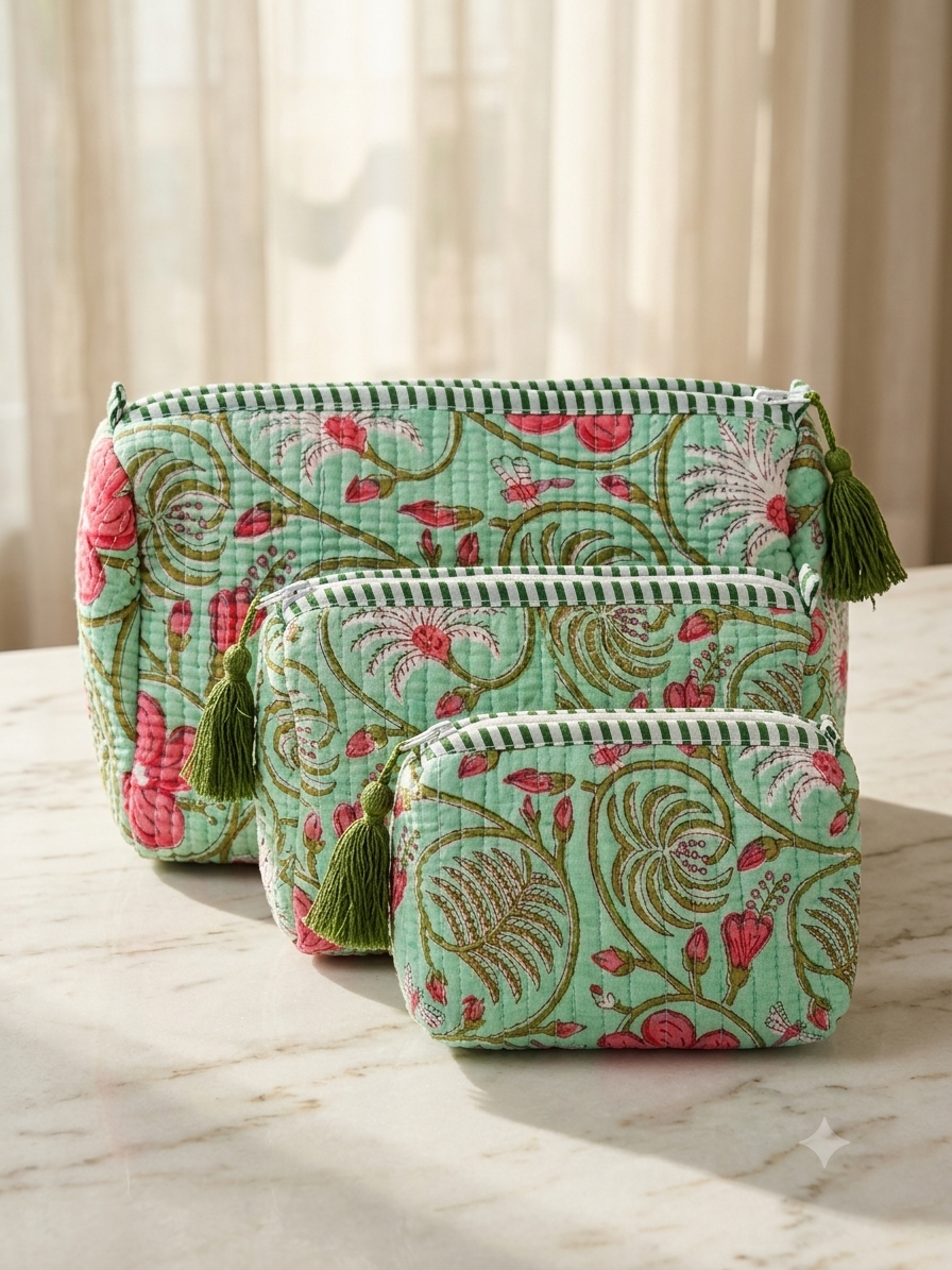 Set of 3 - Quilted Travel Pouches with Waterproof Lining