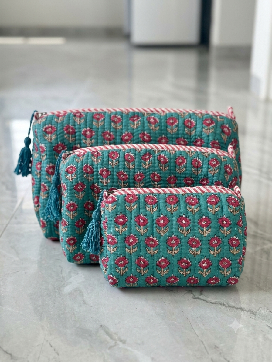 Set of 3 - Quilted Travel Pouches with Waterproof Lining
