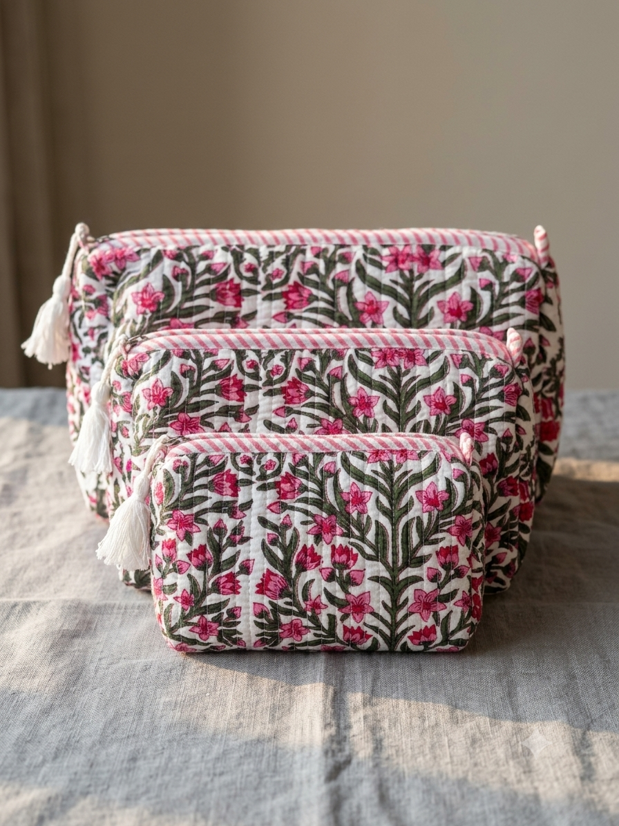 Set of 3 - Quilted Travel Pouches with Waterproof Lining