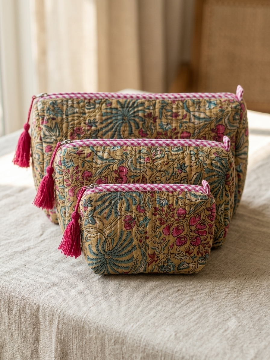Set of 3 - Quilted Travel Pouches with Waterproof Lining