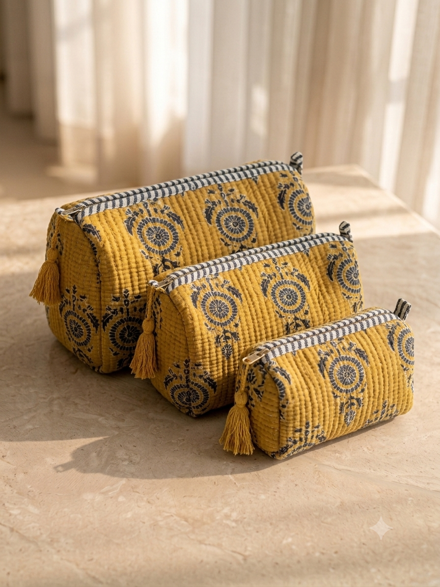 Set of 3 - Quilted Travel Pouches with Waterproof Lining