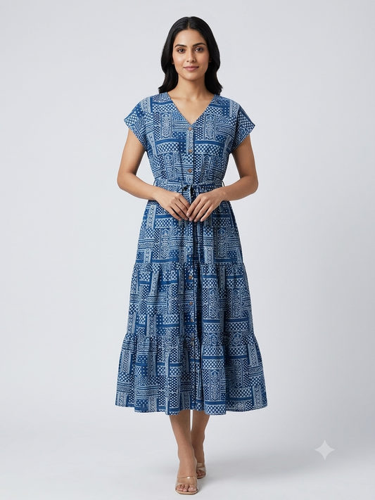 Maya Indigo Ajrakh Tiered Dress