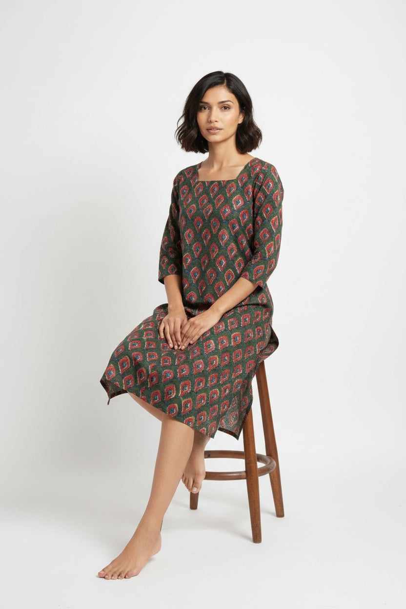 Mahira Olive Kalamkari Block Print Dress