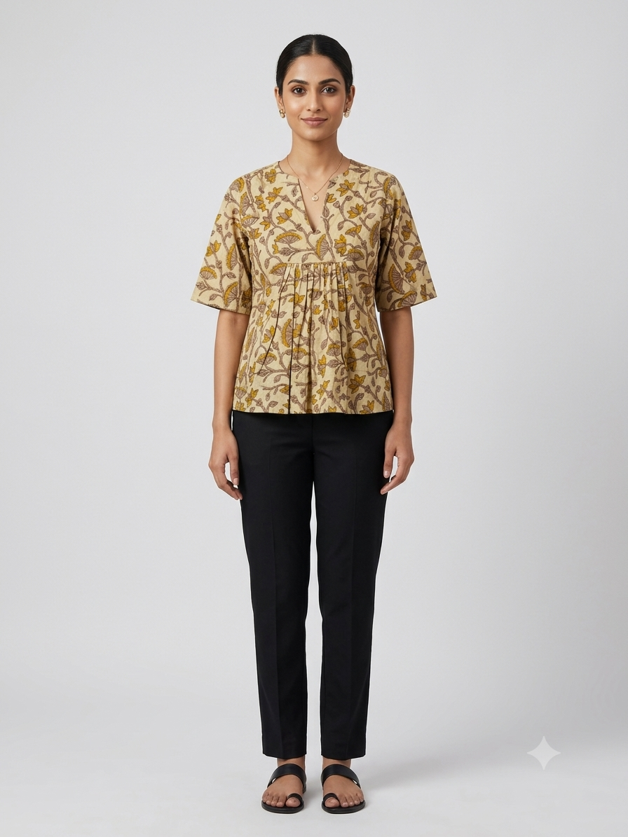 Ellora Mustard Floral Block Print Top