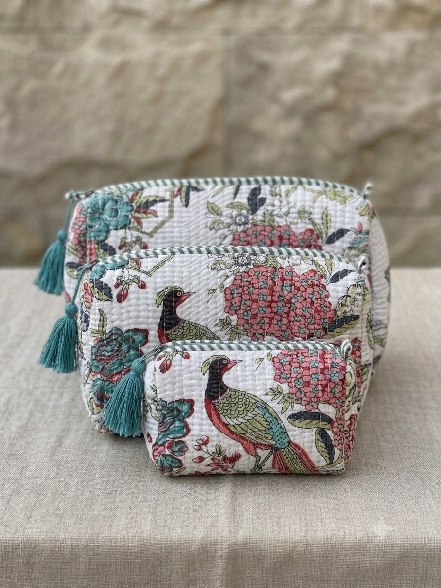 Set of 3 - Quilted Travel Pouches with Waterproof Lining