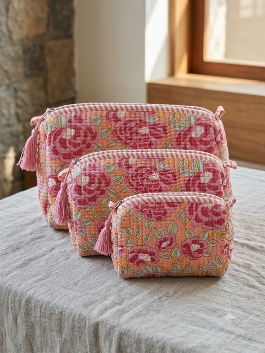 Set of 3 - Quilted Travel Pouches with Waterproof Lining
