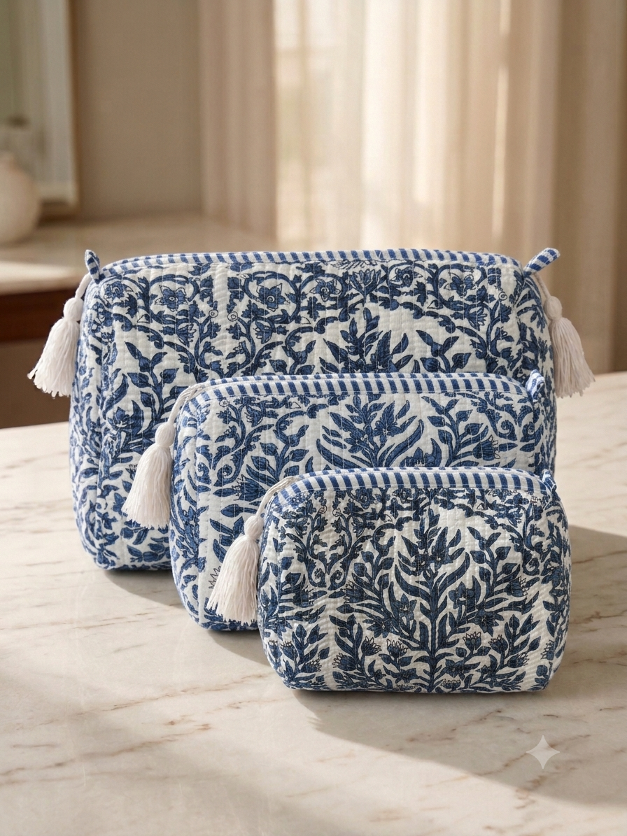 Set of 3 - Quilted Travel Pouches with Waterproof Lining
