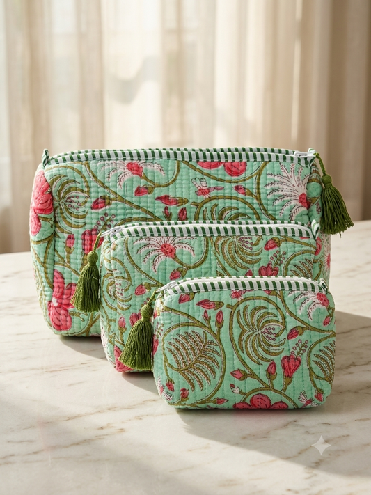 Set of 3 - Quilted Travel Pouches with Waterproof Lining