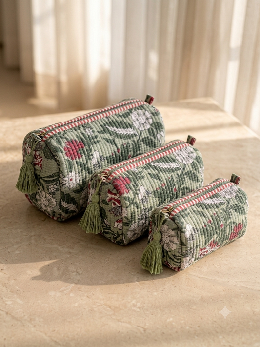 Set of 3 - Quilted Travel Pouches with Waterproof Lining