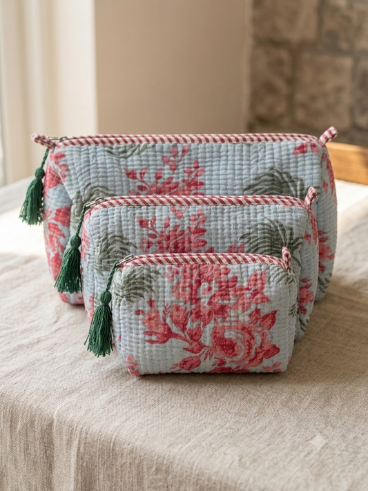 Set of 3 - Quilted Travel Pouches with Waterproof Lining