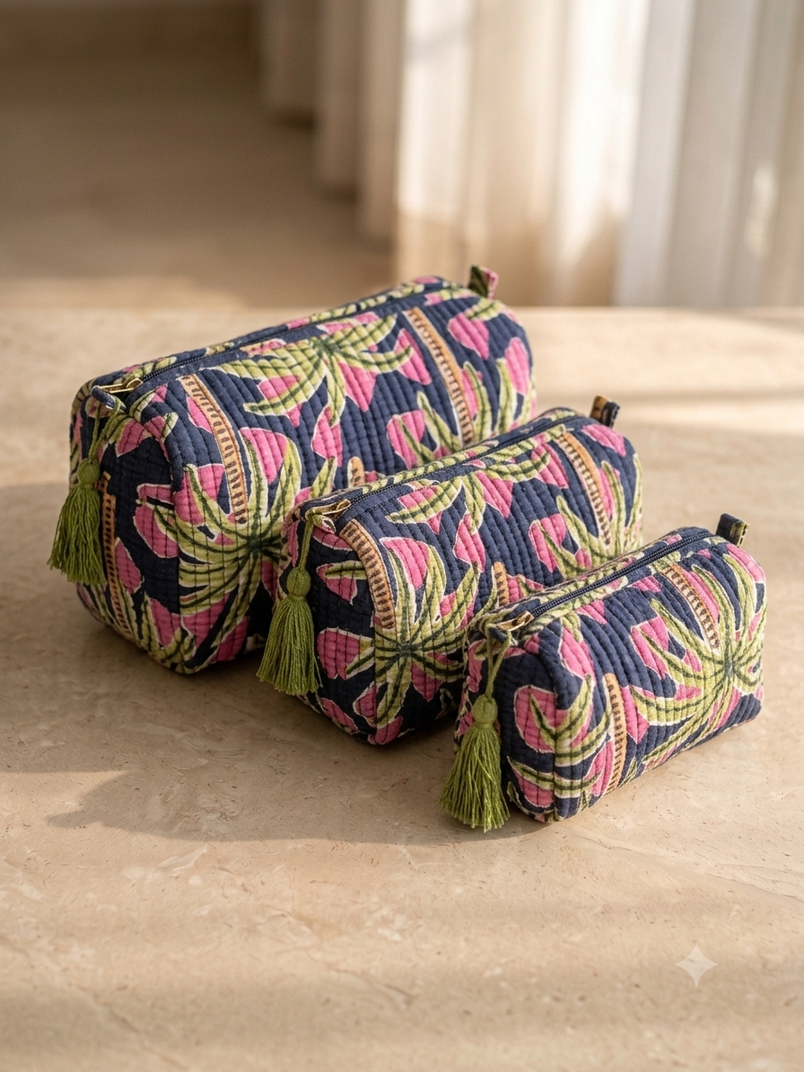 Set of 3 - Quilted Travel Pouches with Waterproof Lining