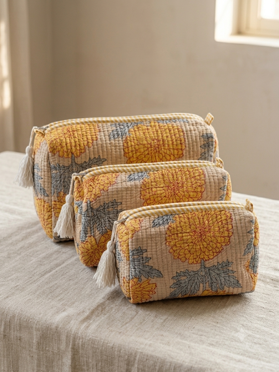 Set of 3 - Quilted Travel Pouches with Waterproof Lining