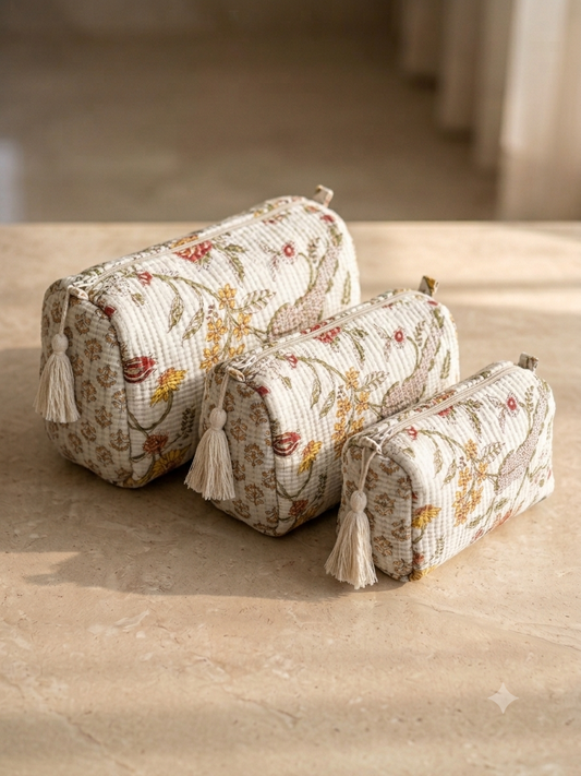 Set of 3 - Quilted Travel Pouches with Waterproof Lining
