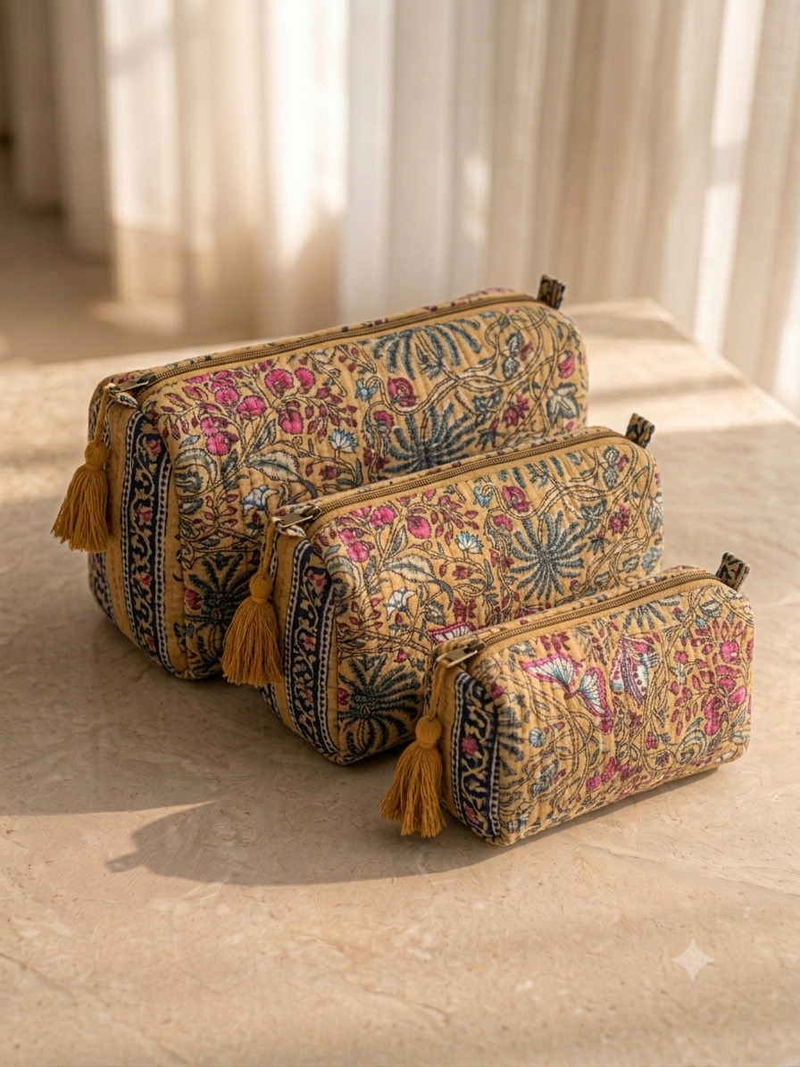 Set of 3 - Quilted Travel Pouches with Waterproof Lining