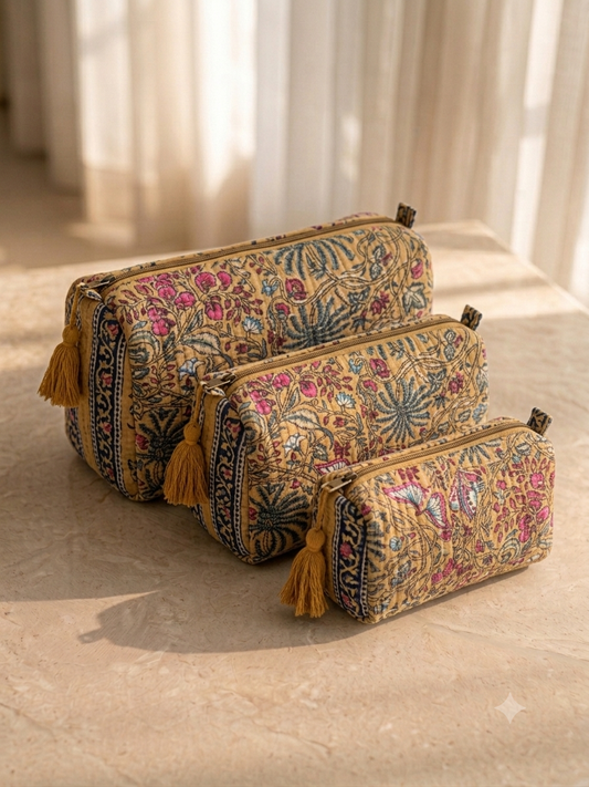 Set of 3 - Quilted Travel Pouches with Waterproof Lining