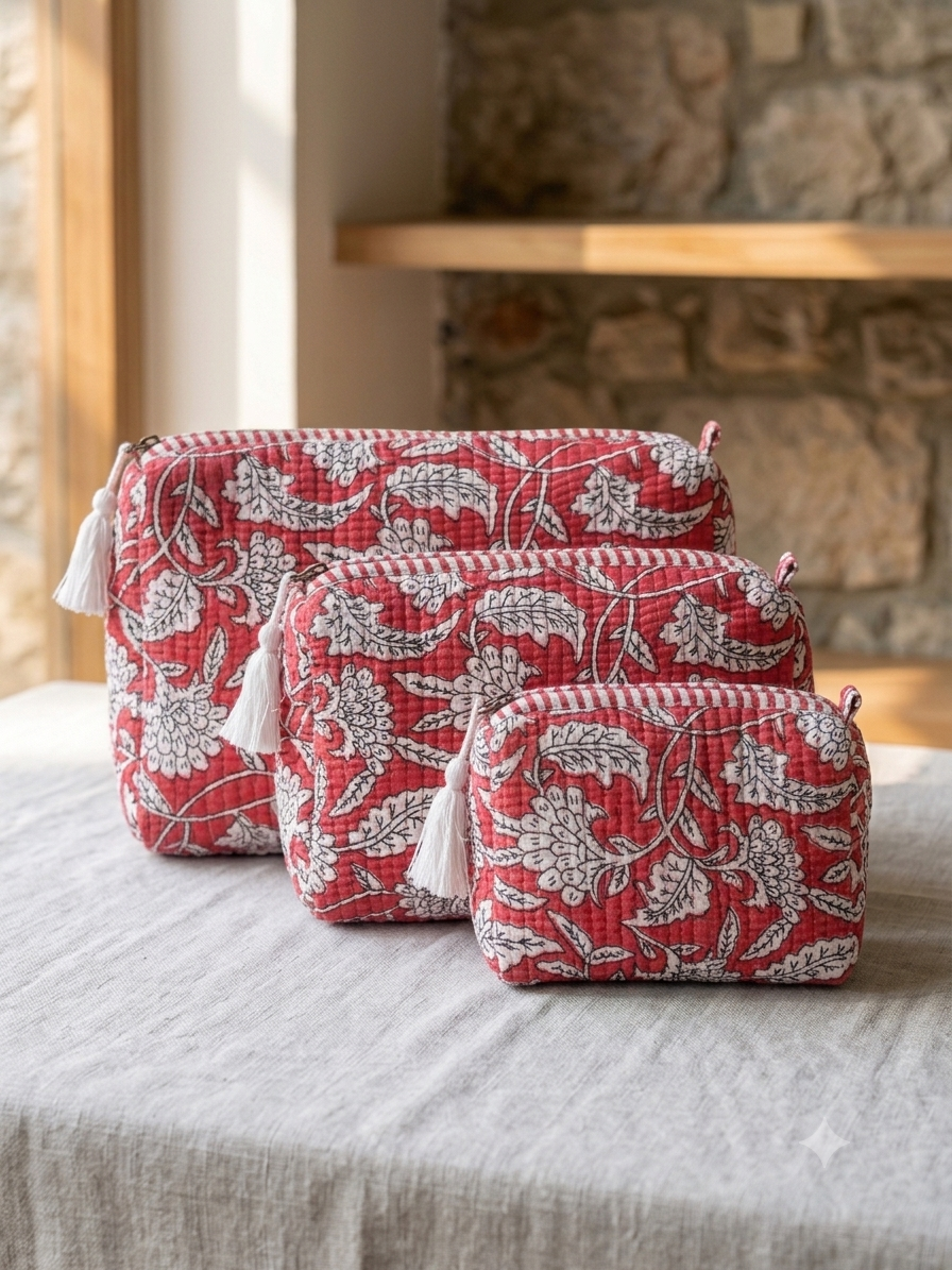 Set of 3 - Quilted Travel Pouches with Waterproof Lining