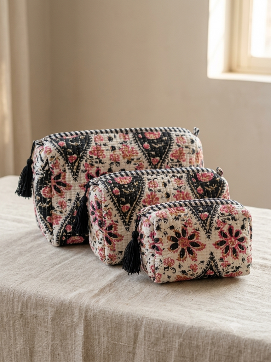 Set of 3 - Quilted Travel Pouches with Waterproof Lining