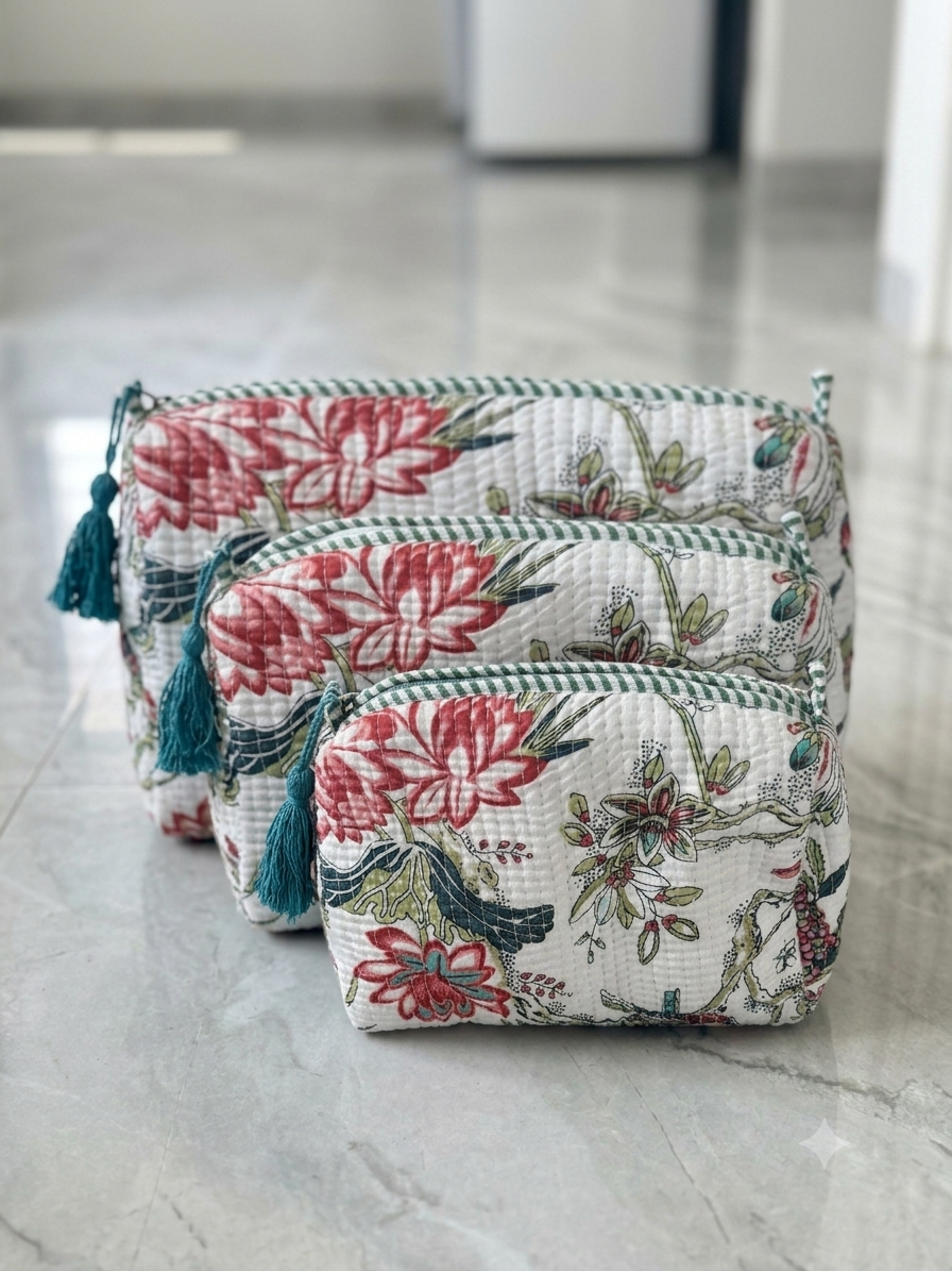 Set of 3 - Quilted Travel Pouches with Waterproof Lining