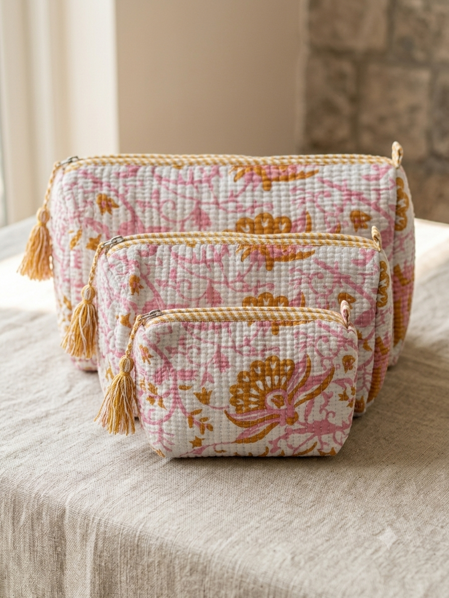 Set of 3 - Quilted Travel Pouches with Waterproof Lining