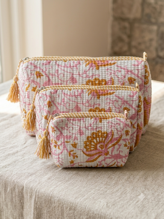Set of 3 - Quilted Travel Pouches with Waterproof Lining