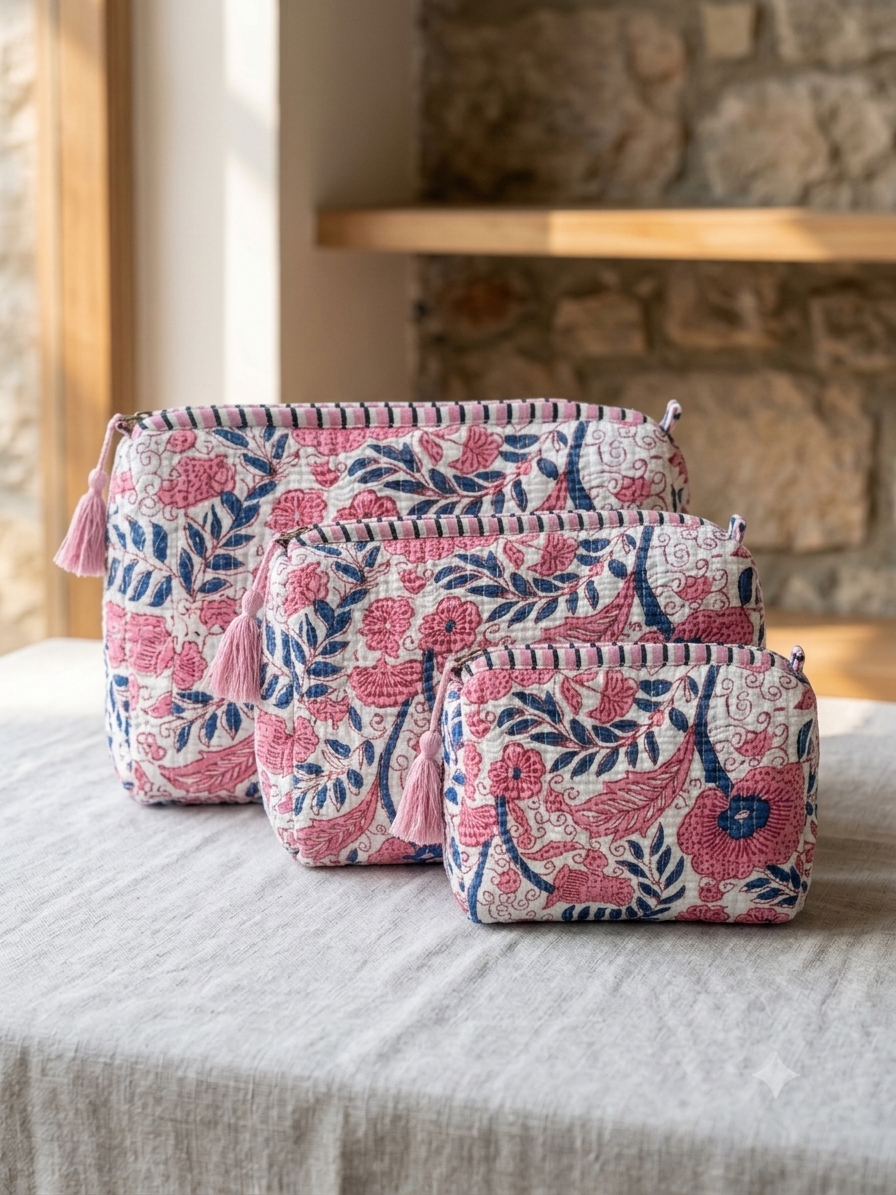 Set of 3 - Quilted Travel Pouches with Waterproof Lining