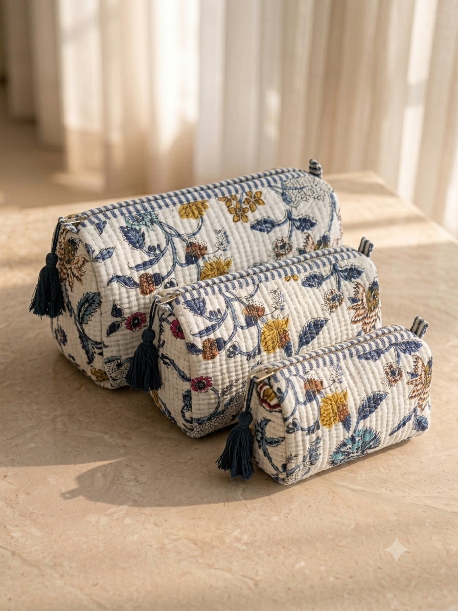 Set of 3 - Quilted Travel Pouches with Waterproof Lining