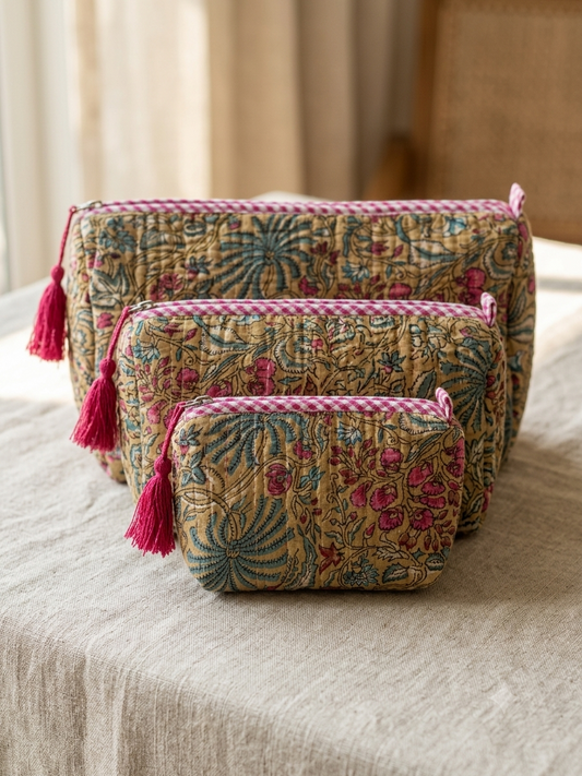 Set of 3 - Quilted Travel Pouches with Waterproof Lining