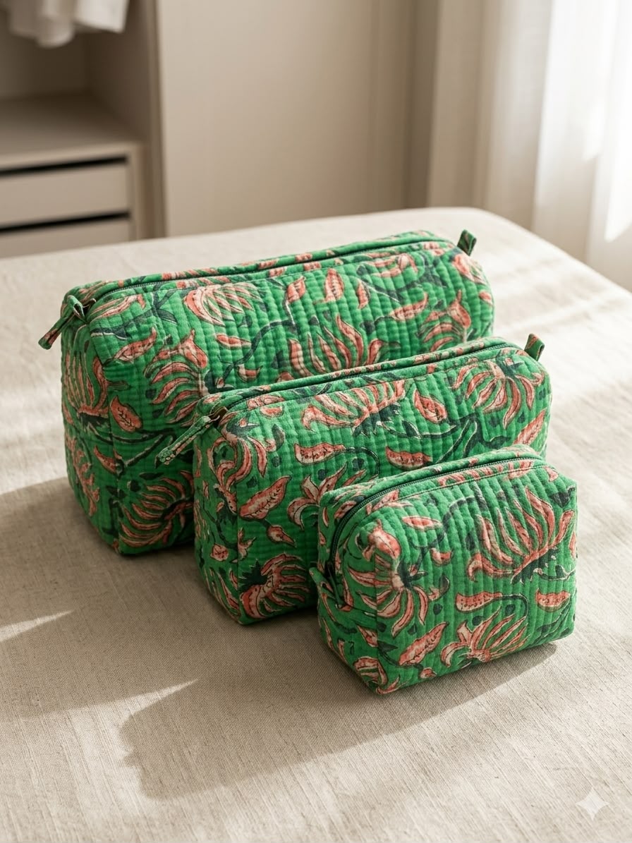 Set of 3 - Quilted Travel Pouches with Waterproof Lining