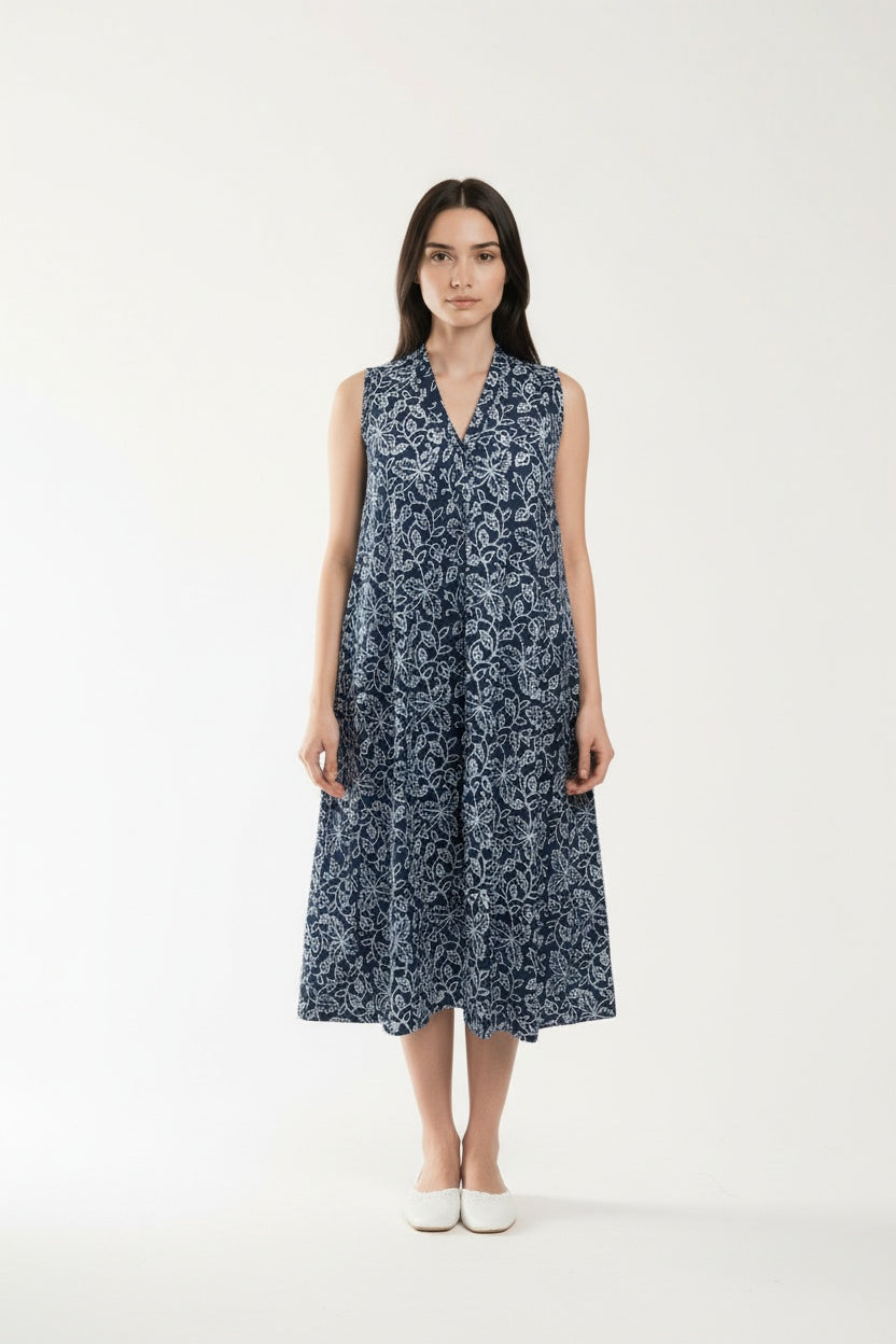 Kyra Indigo Floral Block Print Dress