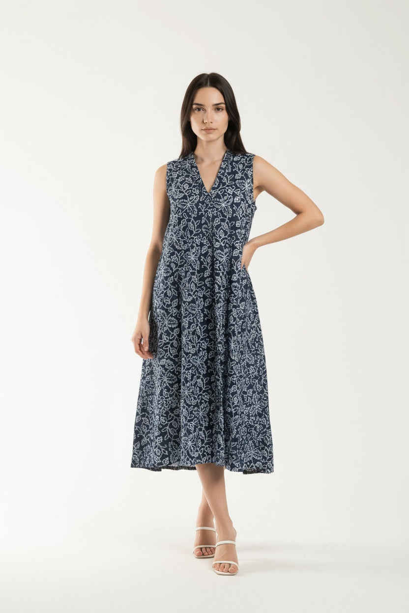 Kyra Indigo Floral Block Print Dress