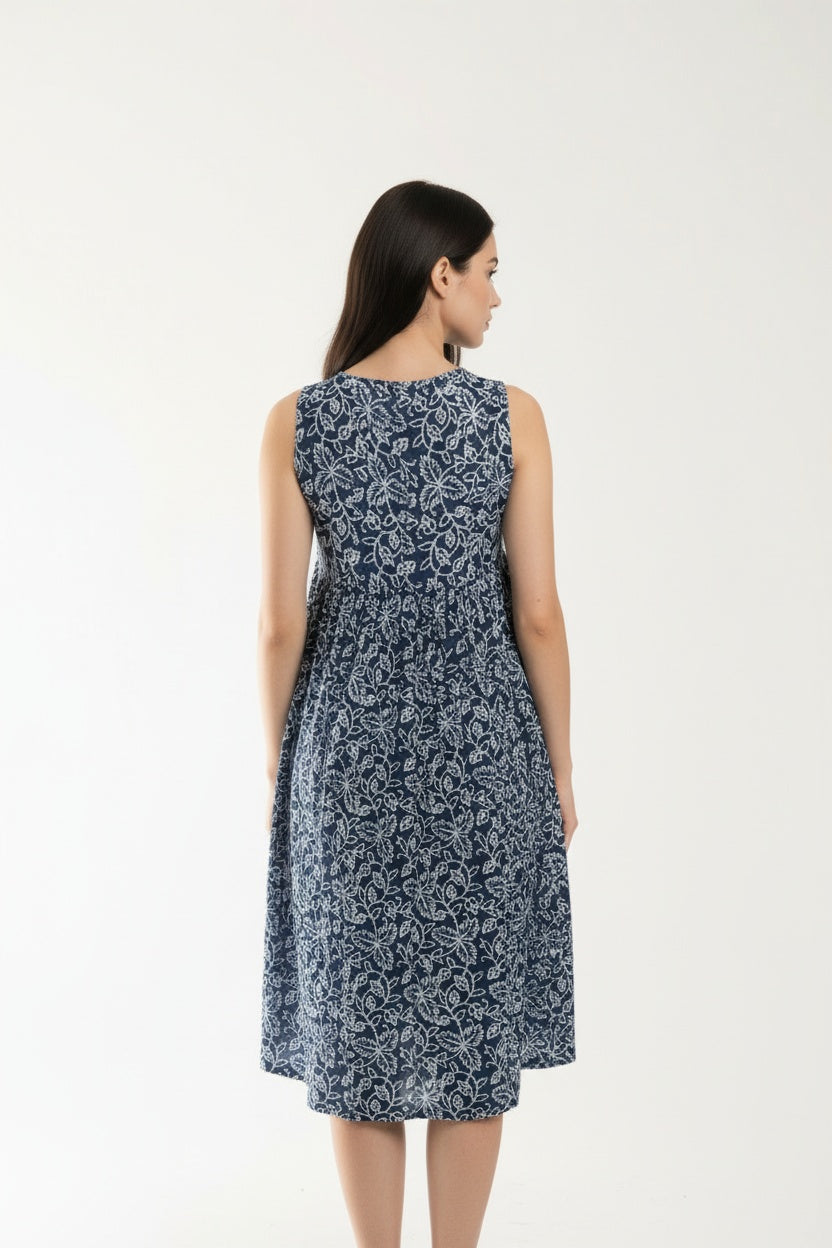 Kyra Indigo Floral Block Print Dress