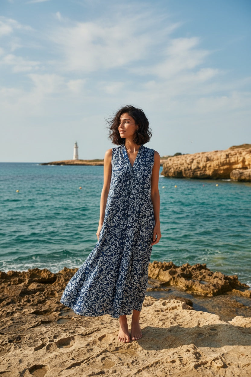 Kyra Indigo Floral Block Print Dress