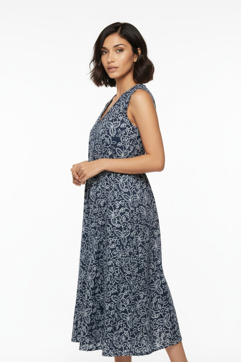 Kyra Indigo Floral Block Print Dress
