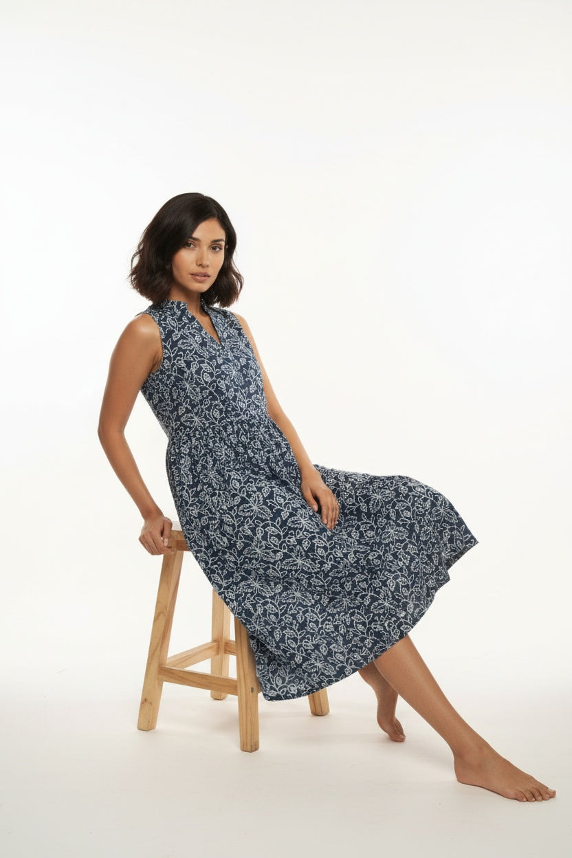 Kyra Indigo Floral Block Print Dress