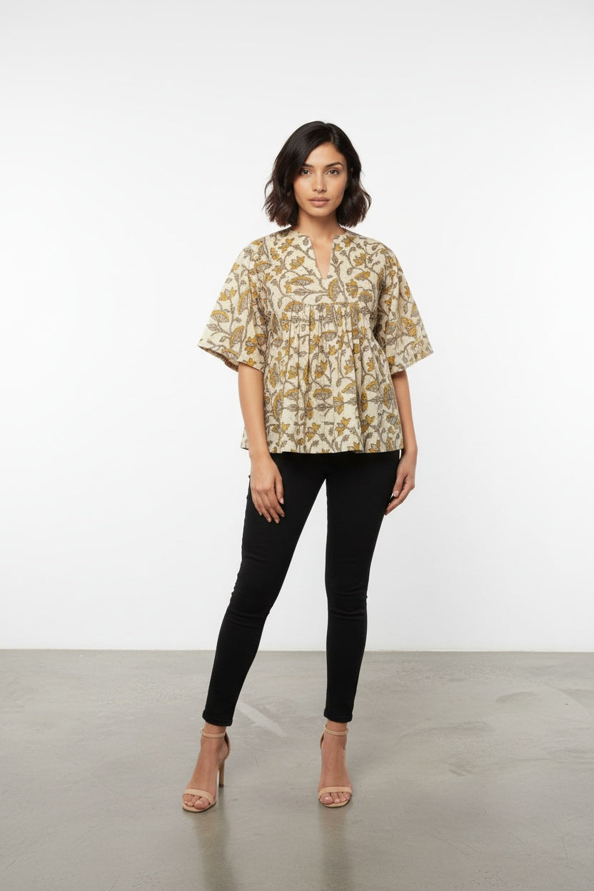 Ellora Mustard Floral Block Print Top