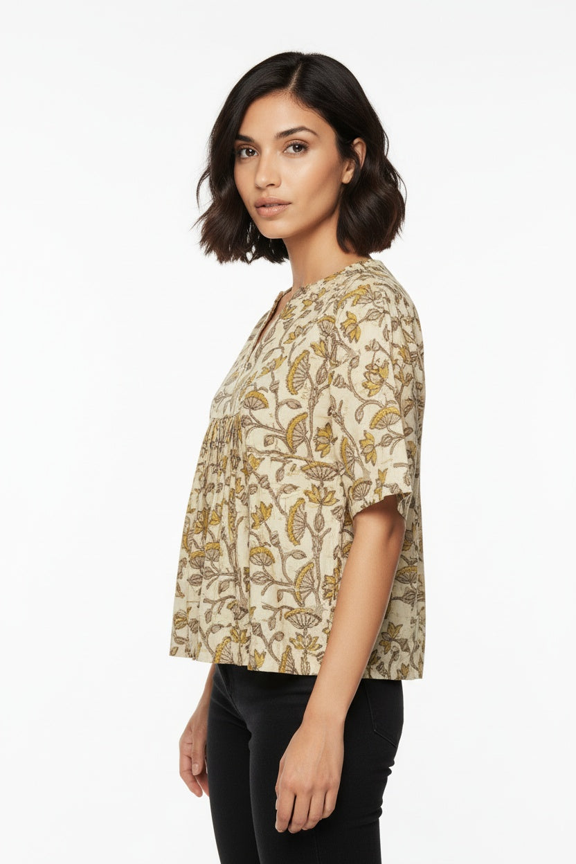 Ellora Mustard Floral Block Print Top