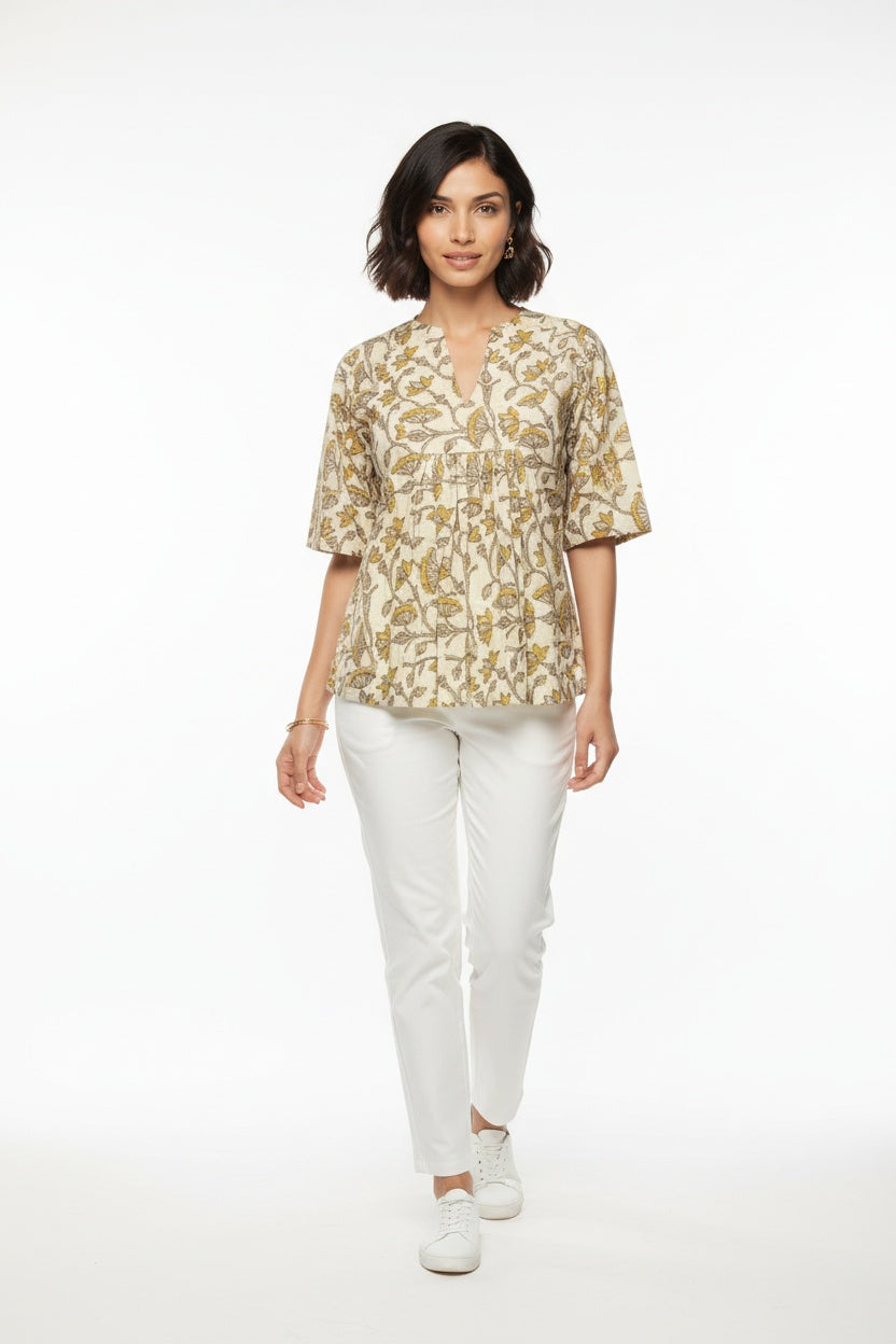 Ellora Mustard Floral Block Print Top
