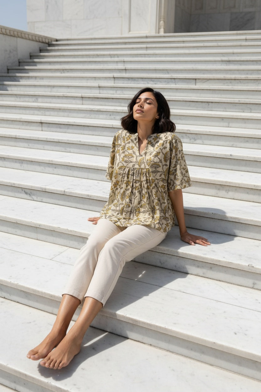Ellora Mustard Floral Block Print Top