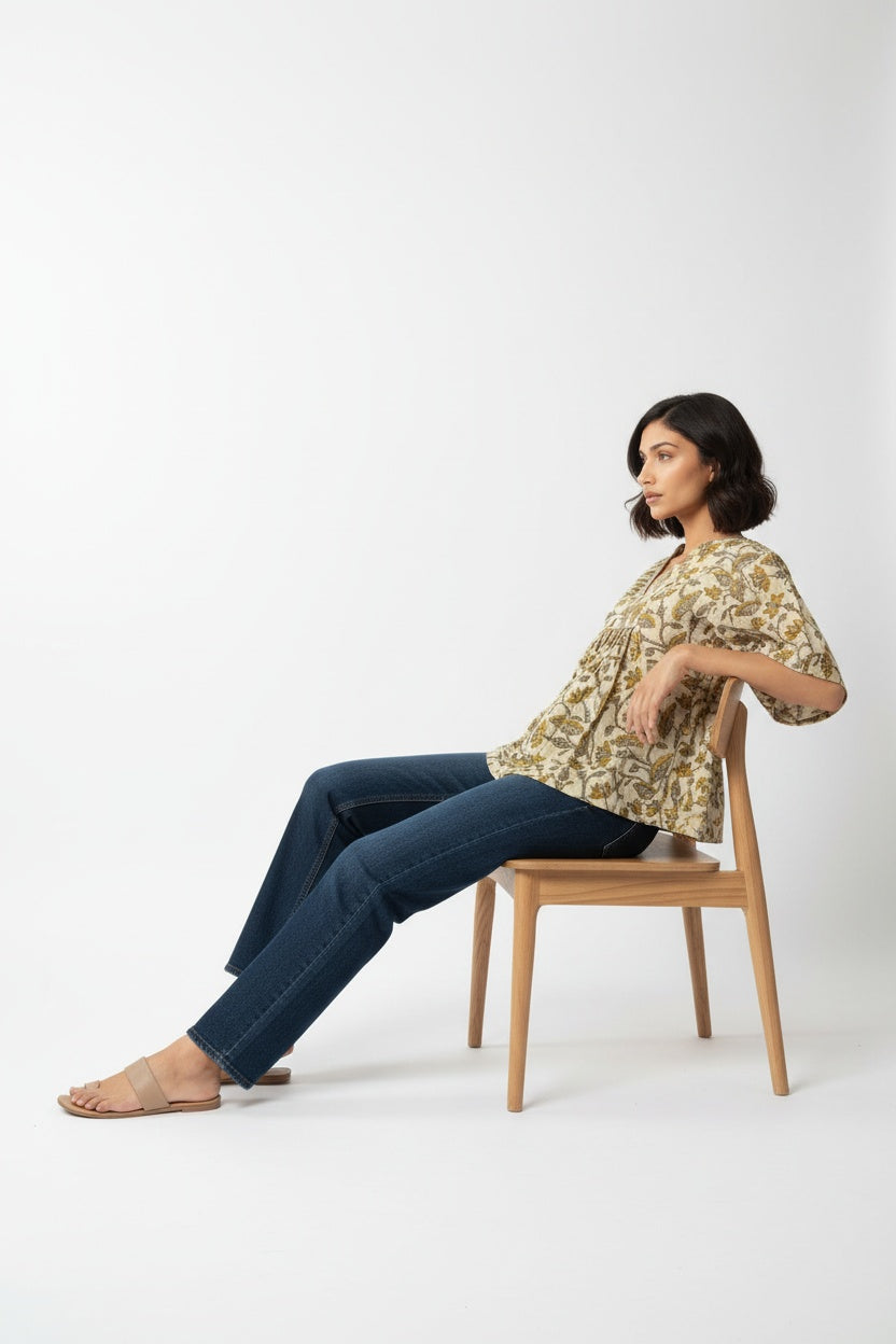 Ellora Mustard Floral Block Print Top