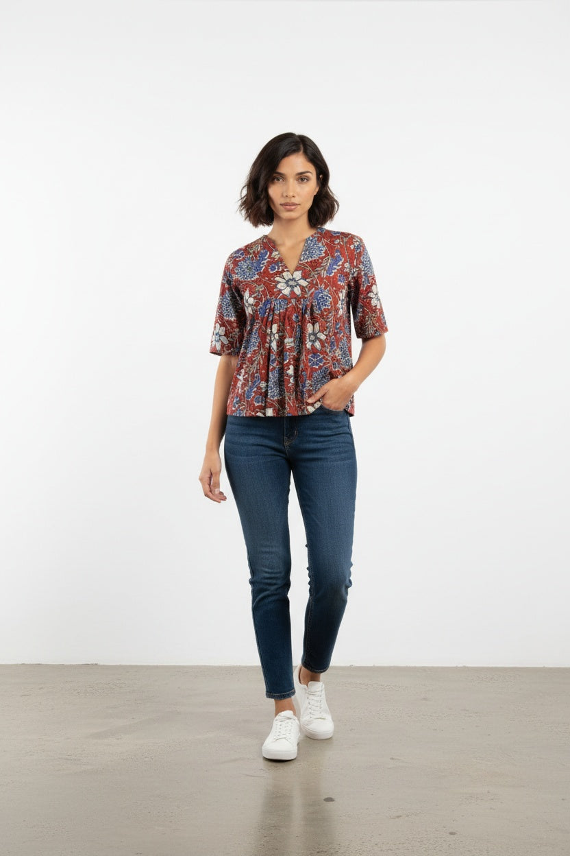 Ellora Terracotta Kalamkari Block Print Top
