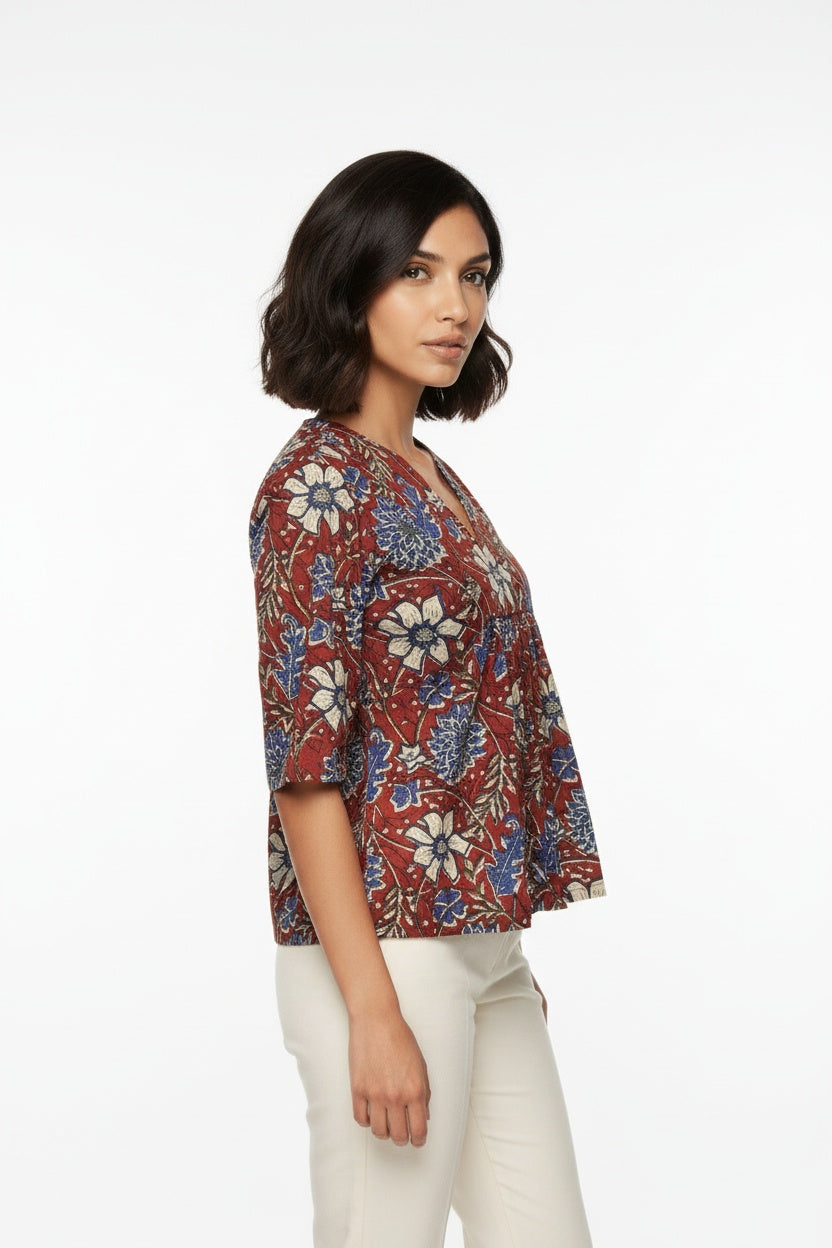 Ellora Terracotta Kalamkari Block Print Top
