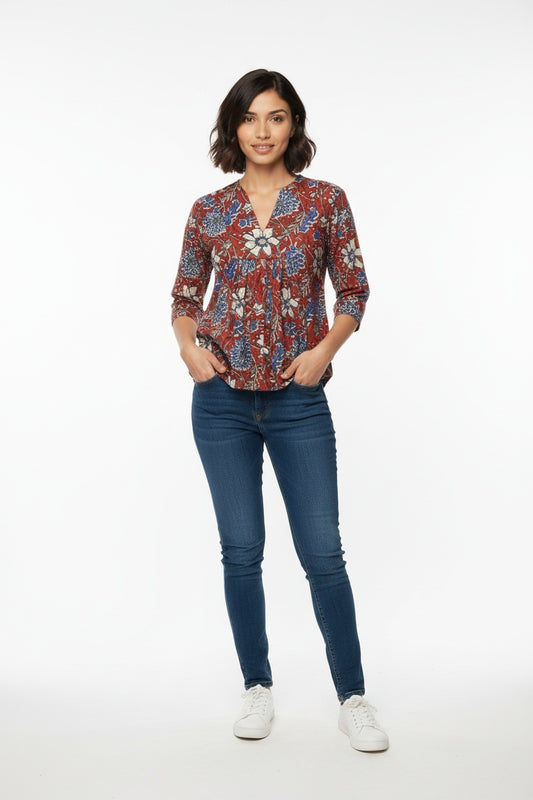 Ellora Terracotta Kalamkari Block Print Top