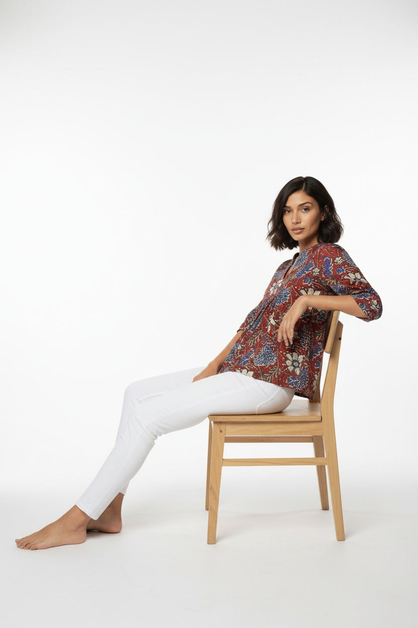 Ellora Terracotta Kalamkari Block Print Top