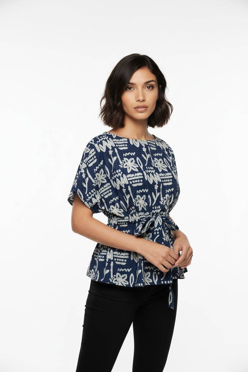 Inara Indigo Abstract Block Print Top