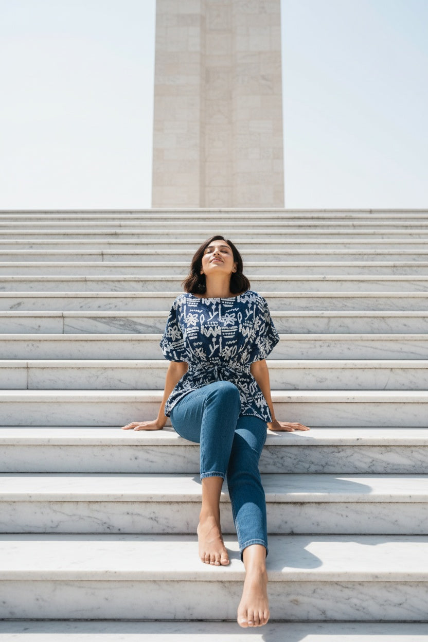 Inara Indigo Abstract Block Print Top