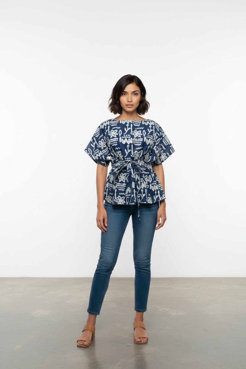 Inara Indigo Abstract Block Print Top