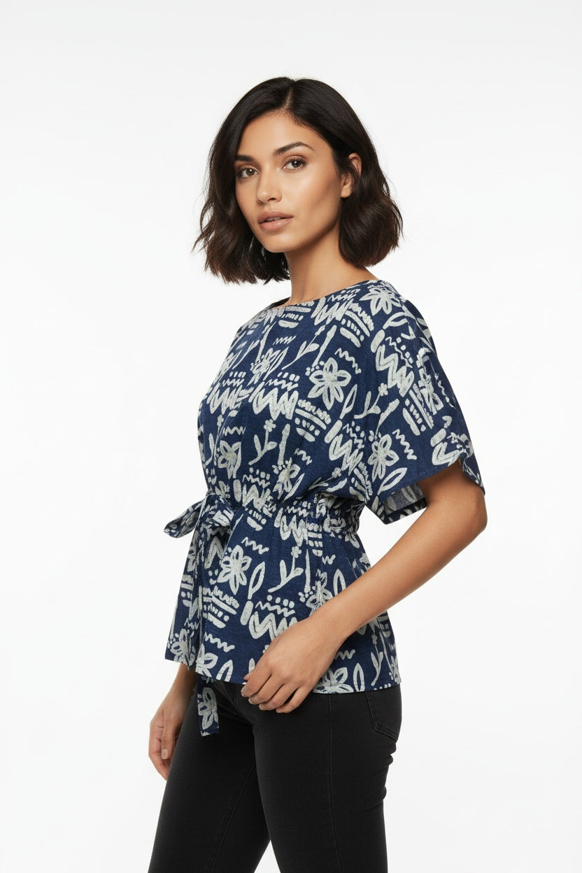 Inara Indigo Abstract Block Print Top