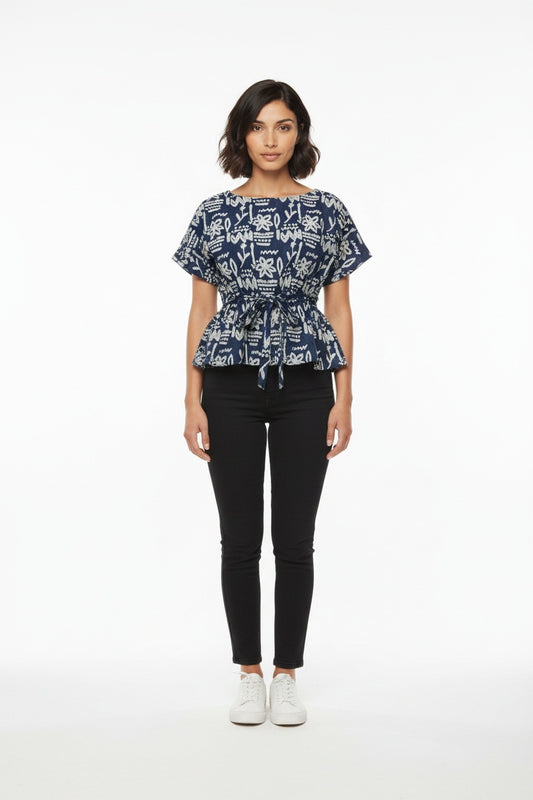 Inara Indigo Abstract Block Print Top