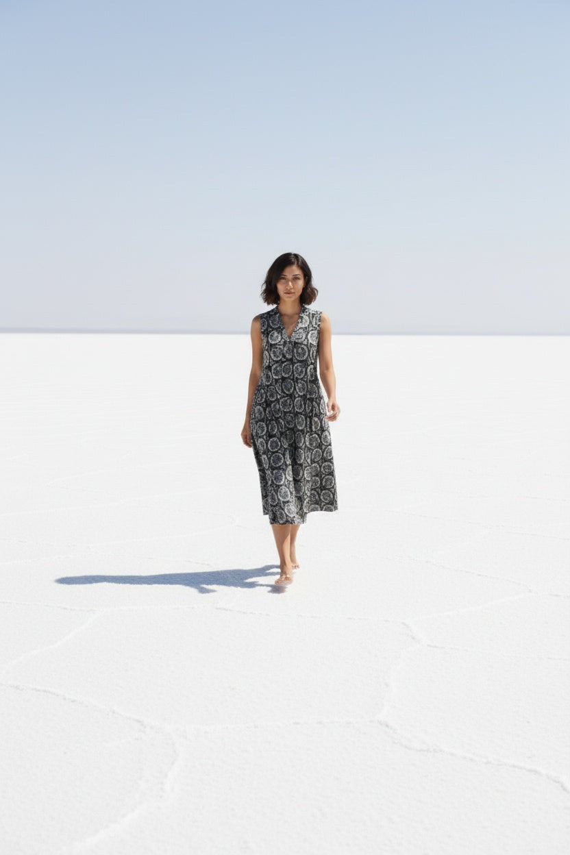 Kyra Charcoal Block Print Dress