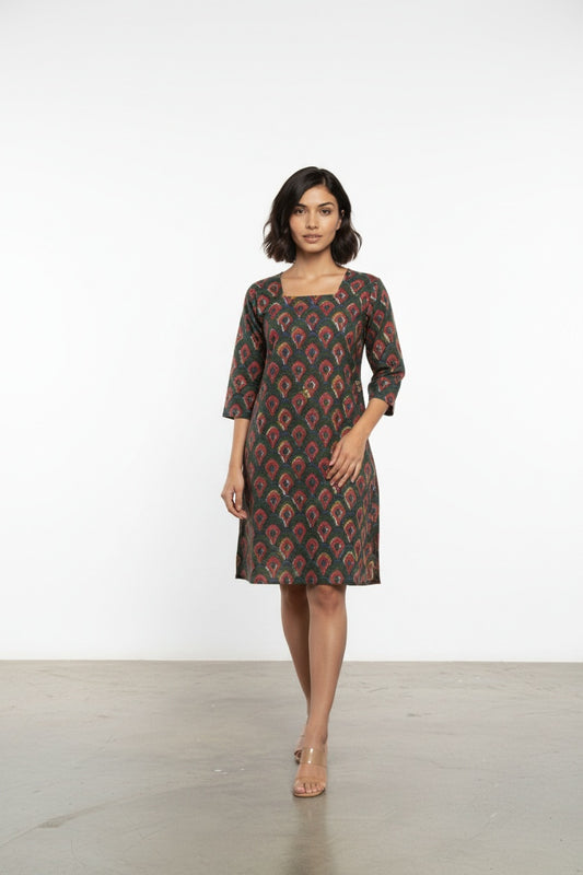 Mahira Olive Kalamkari Block Print Dress